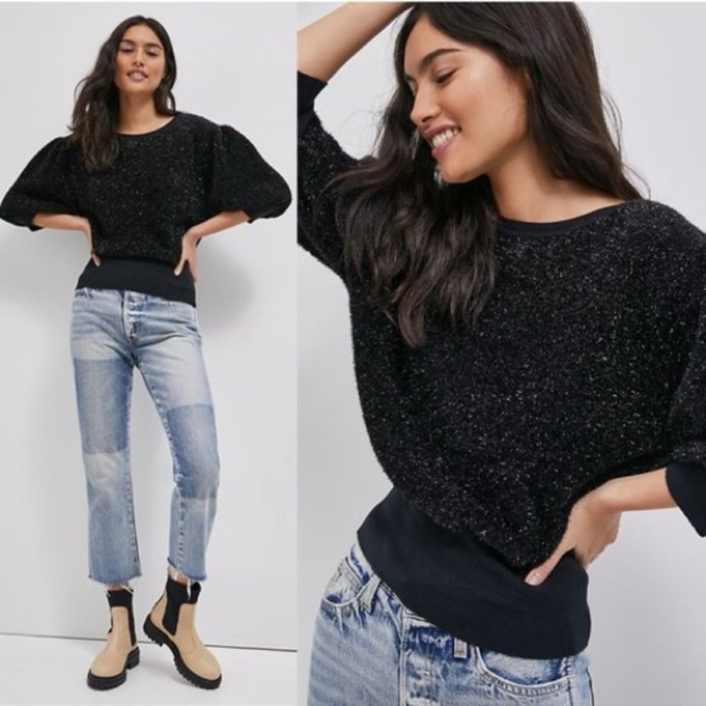 Maeve Shimmery Sweater Top with Puff Sleeves